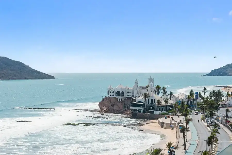 Mazatlán beachfront coastline with iconic cliff-top architecture